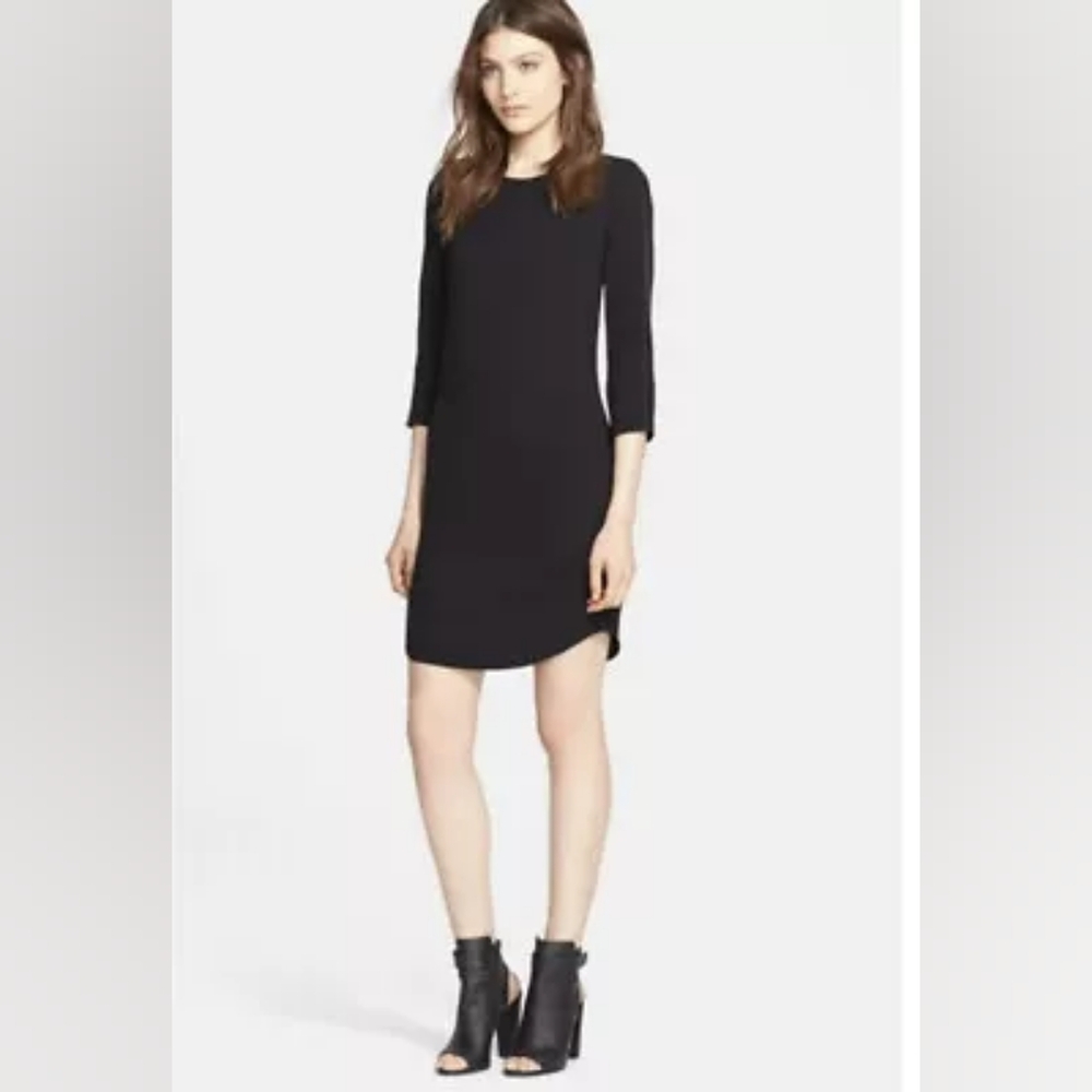 VINCE Leather-Trim 3/4 Sleeve Shift Dress Black Size 4
